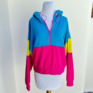 Vintage Colorblock Hoodie with Pink, Blue, and Yellow